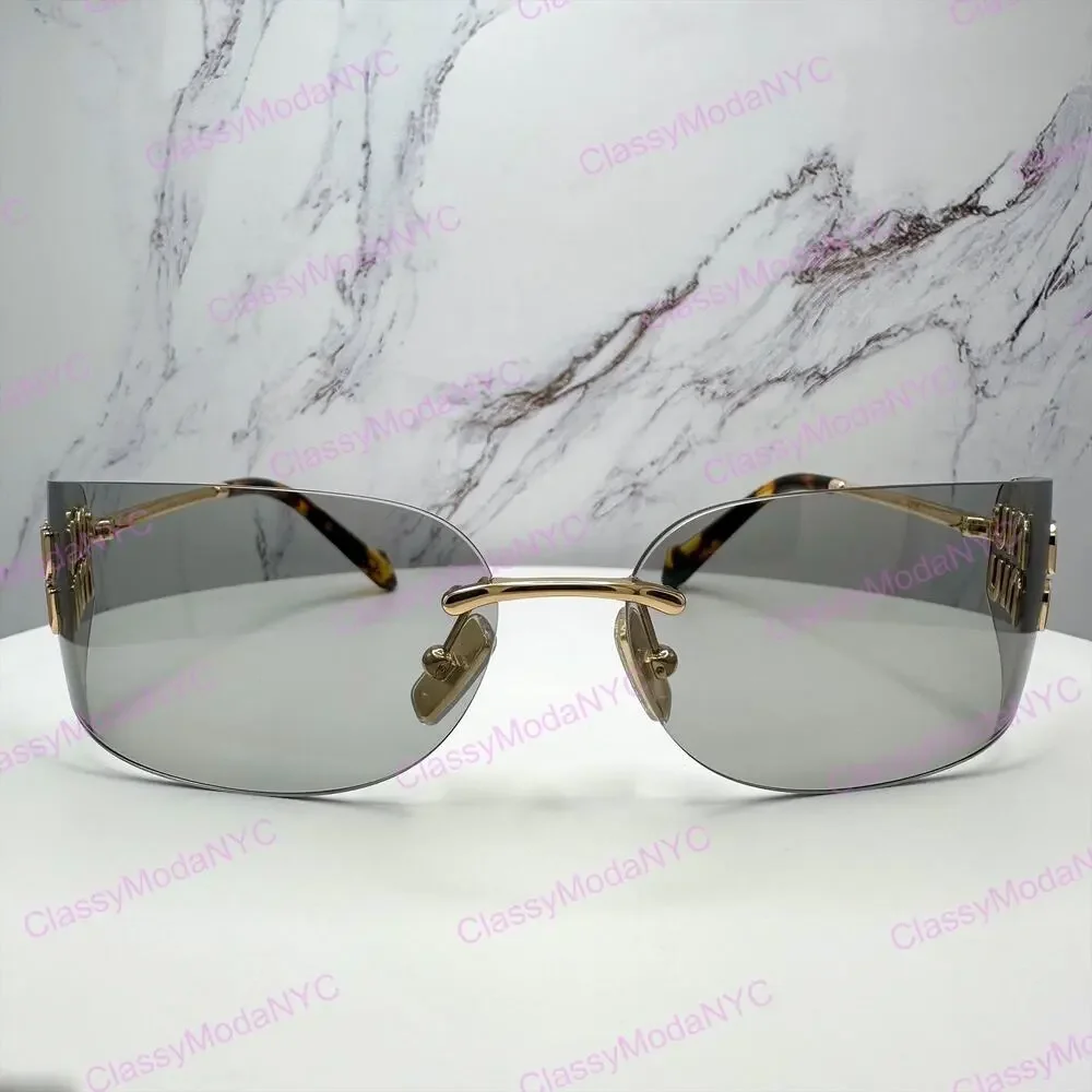 New MIU MIU Logo Sunglasses 2025 Runway Gold Slim Skinny Wrap Rimless Italy